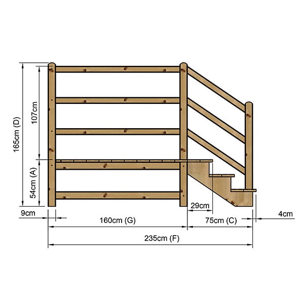 VINUOVO - MILANO - Escalier en bois 3 marches H54 cm - sans contre-marche - Palier L120 x P189 cm - Escalier rambarde droite, palier droite et face - large