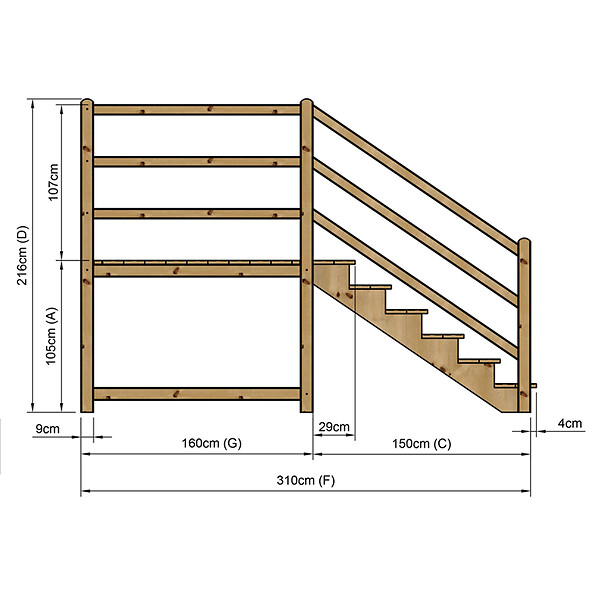 VINUOVO - MILANO - Escalier en bois 6 marches H105 cm - sans contre-marche - Palier L120 x P189 cm - Rambarde escalier gauche, palier gauche et en face - large