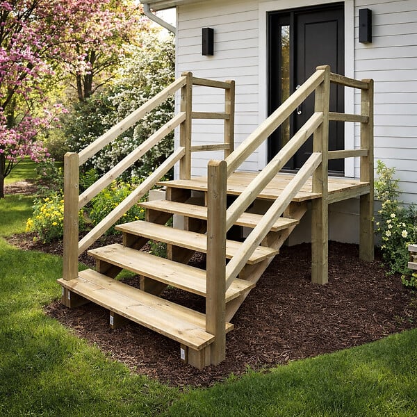 VINUOVO - MILANO - Escalier en bois 3 marches H54 cm - avec contre-marches - Palier L120 x P116 cm - Rambardes escalier et palier des 2 côtés - large