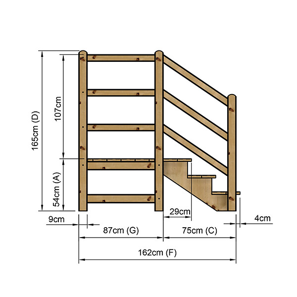 VINUOVO - MILANO - Escalier en bois 3 marches H54 cm - sans contre-marche - Palier L120 x P116 cm - Rambarde escalier 2 côtés, palier gauche et en face - large