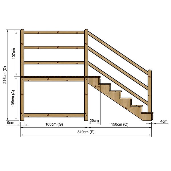 VINUOVO - MILANO - Escalier en bois 6 marches H105 cm - avec contre-marches - Palier L120 x P189 cm - Rambardes escalier et palier à droite - large