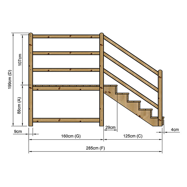 VINUOVO - MILANO - Escalier en bois 5 marches H88 cm - avec contre-marches - Palier L120 x P189 cm - Rambarde escalier gauche, palier gauche et en face - large
