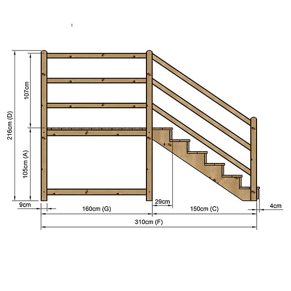 VINUOVO - MILANO - Escalier en bois 6 marches H105 cm - avec contre-marches - Palier L120 x P189 cm - Rambarde escalier et palier à gauche - large