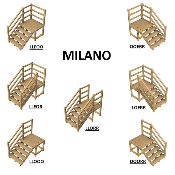 VINUOVO - MILANO - Escalier en bois 3 marches H54 cm - avec contre-marches - Palier L120 x P116 cm - Rambarde escalier et palier à gauche - large