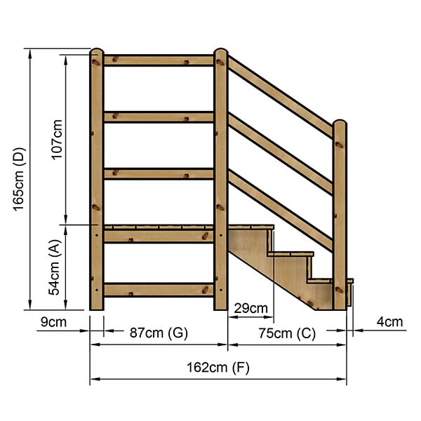 VINUOVO - MILANO - Escalier en bois 3 marches H54 cm - avec contre-marches - Palier L120 x P116 cm - Rambarde escalier et palier à gauche - large