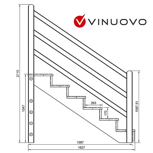VINUOVO - Escalier extérieur VENEZIA Rambarde des 2 côtés - 6 marches H105cm L-120cm avec contremarches - large