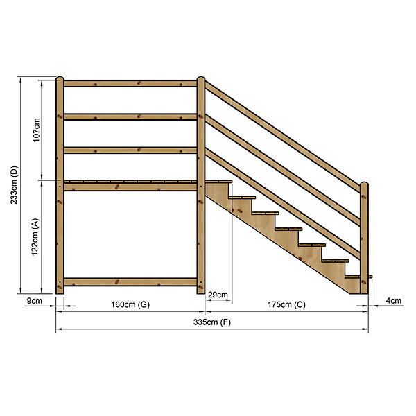 VINUOVO - MILANO - Escalier en bois 7 marches H122 cm - sans contre-marche - Palier L120 x P189 cm - Rambarde escalier et palier à gauche - large
