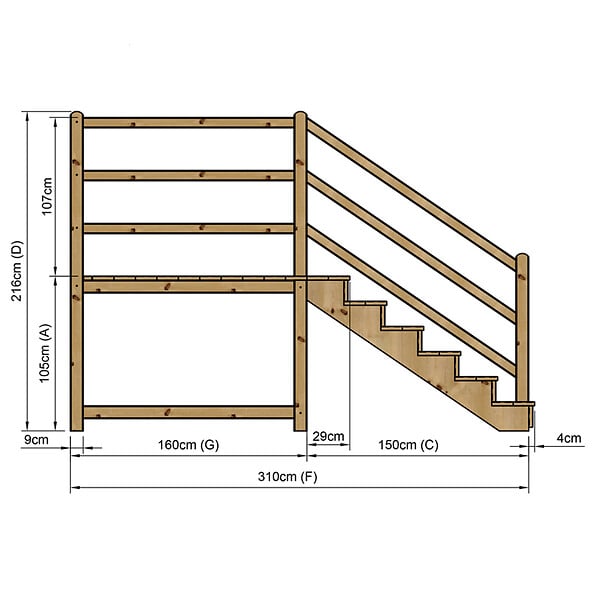 VINUOVO - MILANO - Escalier en bois 6 marches H105 cm - avec contre-marches - Palier L120 x P189 cm - Escalier rambarde droite, palier droite et face - large