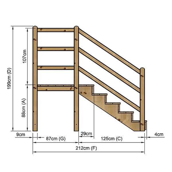 VINUOVO - MILANO - Escalier en bois 5 marches H88 cm - avec contre-marches - Palier L120 x P116 cm - Rambardes escalier et palier des 2 côtés - large