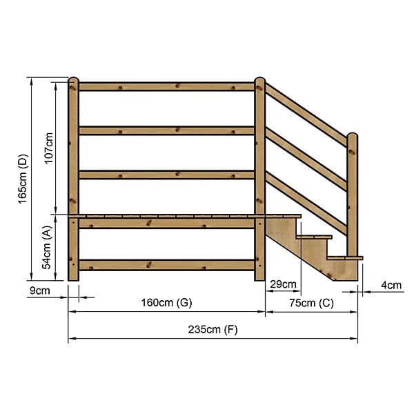 VINUOVO - MILANO - Escalier en bois 3 marches H54 cm - sans contre-marche - Palier L120 x P189 cm - Rambardes escalier et palier à droite - large