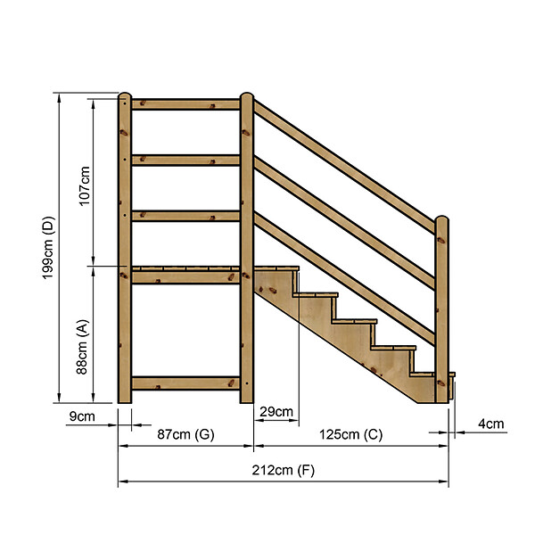 VINUOVO - MILANO - Escalier en bois 5 marches H88 cm - avec contre-marches - Palier L120 x P116 cm - Rambarde escalier 2 côtés, palier gauche et en face - large