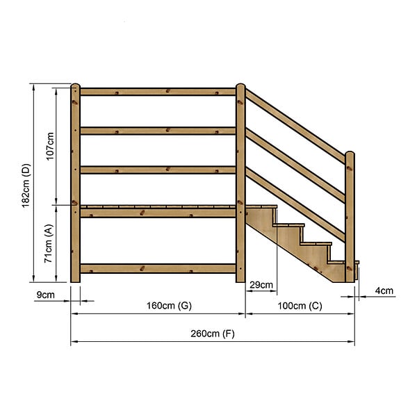 VINUOVO - MILANO - Escalier en bois 4 marches H71 cm - avec contre-marches - Palier L120 x P189 cm - Rambarde escalier gauche, palier gauche et en face - large