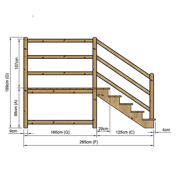 VINUOVO - MILANO - Escalier en bois 5 marches H88 cm - sans contre-marche - Palier L120 x P189 cm - Escalier rambarde droite, palier droite et face - large