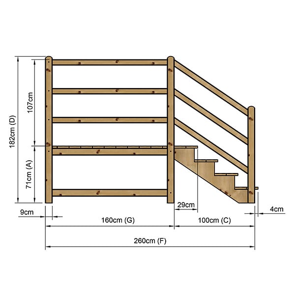VINUOVO - MILANO - Escalier en bois 4 marches H71 cm - sans contre-marche - Palier L120 x P189 cm - Rambarde escalier gauche, palier gauche et en face - large