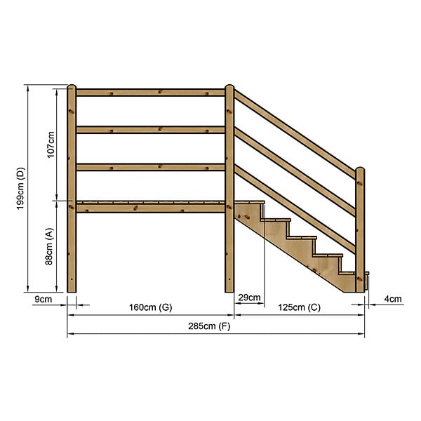 VINUOVO - MILANO - Escalier en bois 5 marches H88 cm - avec contre-marches - Palier L120 x P189 cm - Rambardes escalier et palier des 2 côtés - large