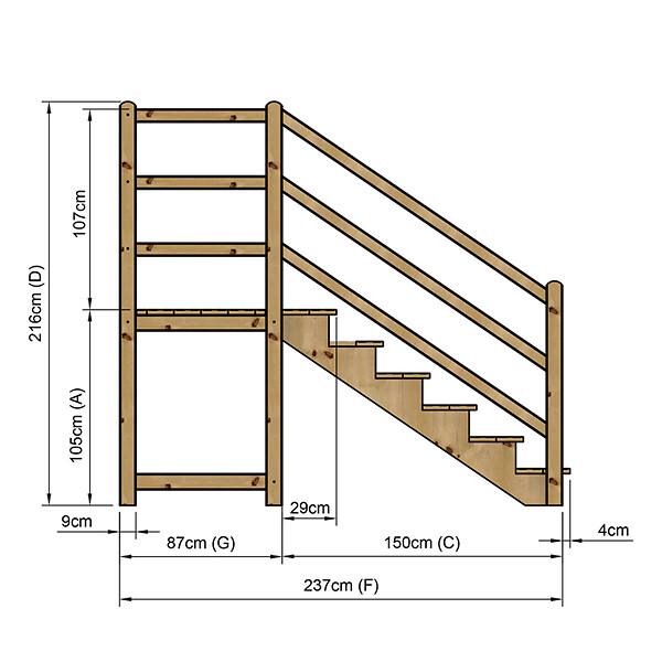 VINUOVO - MILANO - Escalier en bois 6 marches H105 cm - sans contre-marche - Palier L120 x P116 cm - Rambarde escalier 2 côtés, palier gauche et en face - large