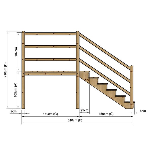 VINUOVO - MILANO - Escalier en bois 6 marches H105 cm - avec contre-marches - Palier L120 x P189 cm - Rambardes escalier et palier des 2 côtés - large