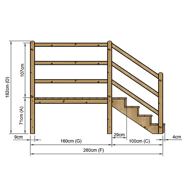 VINUOVO - MILANO - Escalier en bois 4 marches H71 cm - avec contre-marches - Palier L120 x P189 cm - Rambardes escalier et palier des 2 côtés - large