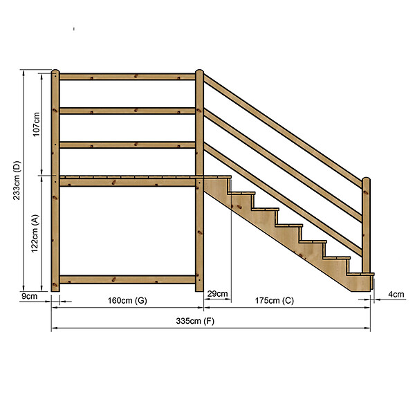 VINUOVO - MILANO - Escalier en bois 7 marches H122 cm - avec contre-marches - Palier L120 x P189 cm - Escalier rambarde droite, palier droite et face - large