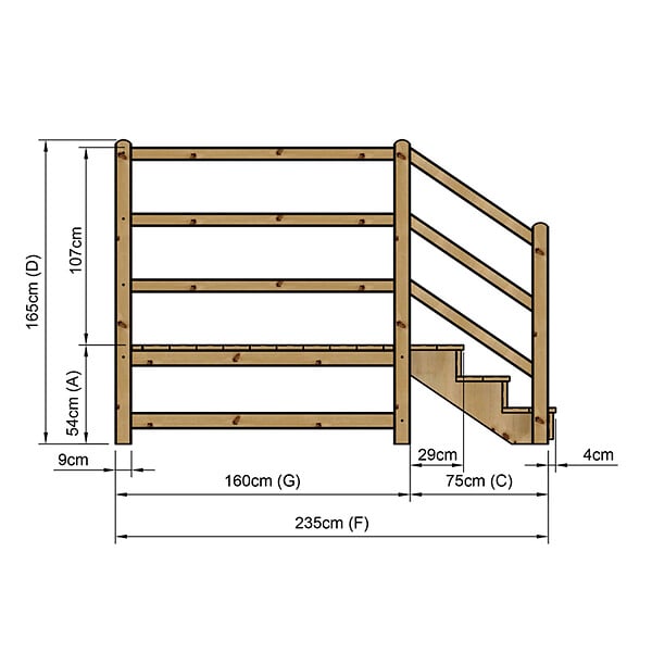 VINUOVO - MILANO - Escalier en bois 3 marches H54 cm - avec contre-marches - Palier L120 x P189 cm - Escalier rambardes des 2 côtés,Palier à droite et en face - large