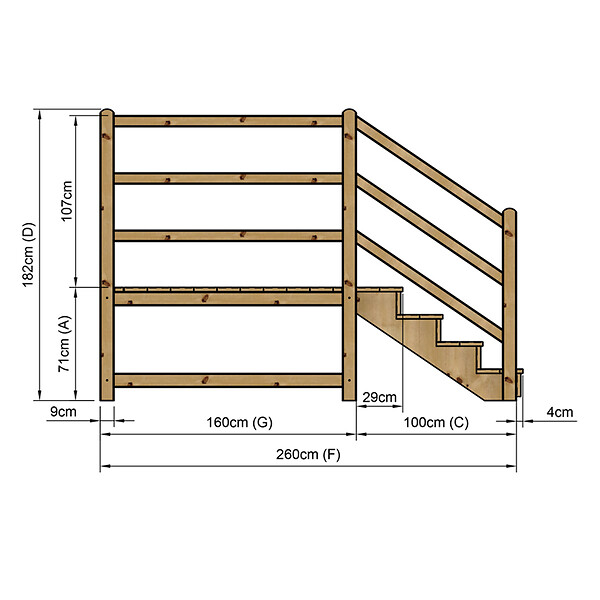 VINUOVO - MILANO - Escalier en bois 4 marches H71 cm - avec contre-marches - Palier L120 x P189 cm - Rambarde escalier et palier à gauche - large