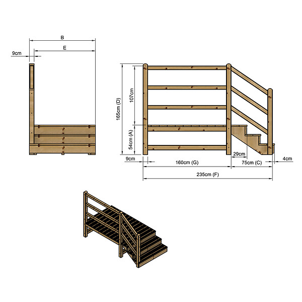 VINUOVO - MILANO - Escalier en bois 3 marches H54 cm - avec contre-marches - Palier L120 x P189 cm - Rambarde escalier et palier à gauche - large