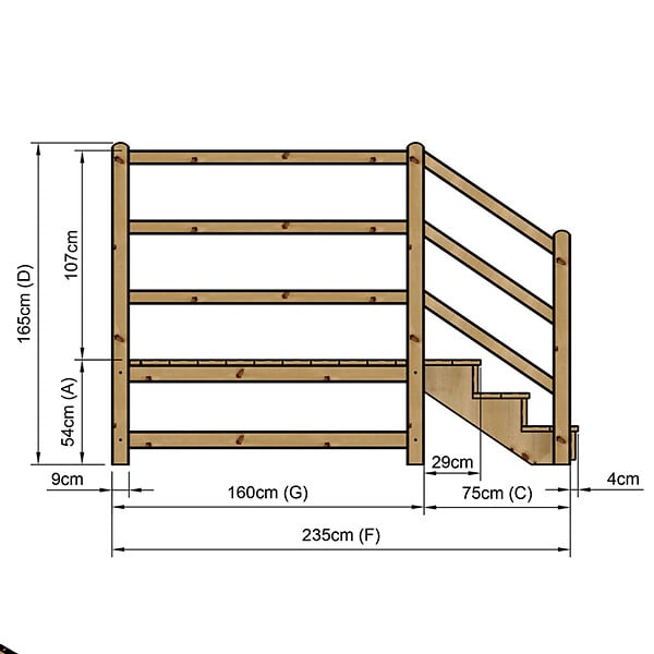 VINUOVO - MILANO - Escalier en bois 3 marches H54 cm - avec contre-marches - Palier L120 x P189 cm - Rambarde escalier et palier à gauche - large