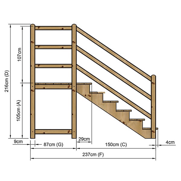 VINUOVO - MILANO - Escalier en bois 6 marches H105 cm - sans contre-marche - Palier L120 x P116 cm - Rambarde escalier et palier à gauche - large
