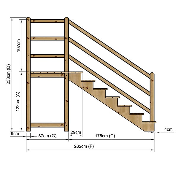 VINUOVO - MILANO - Escalier en bois 7 marches H122 cm - sans contre-marche - Palier L120 x P116 cm - Escalier rambarde droite, palier droite et face - large