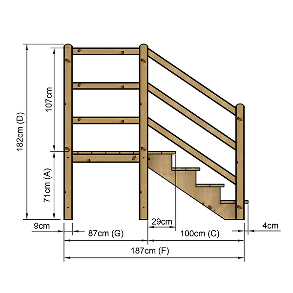 VINUOVO - MILANO - Escalier en bois 4 marches H71 cm - sans contre-marche - Palier L120 x P116 cm - Rambardes escalier et palier des 2 côtés - large