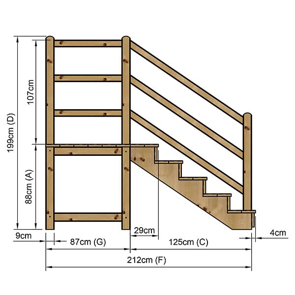 VINUOVO - MILANO - Escalier en bois 5 marches H88 cm - avec contre-marches - Palier L120 x P116 cm - Rambardes escalier et palier à droite - large