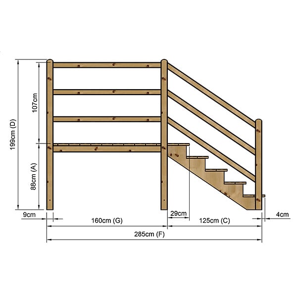VINUOVO - MILANO - Escalier en bois 5 marches H88 cm - sans contre-marche - Palier L120 x P189 cm - Rambardes escalier et palier des 2 côtés - large
