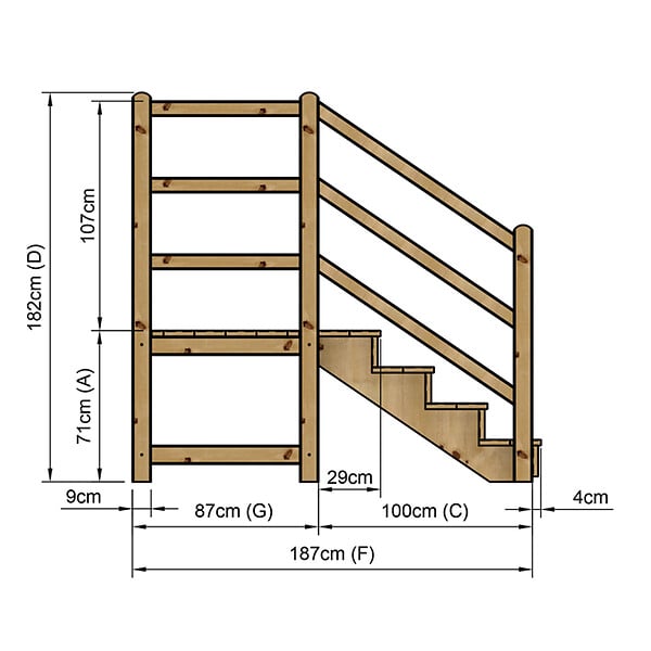 VINUOVO - MILANO - Escalier en bois 4 marches H71 cm - avec contre-marches - Palier L120 x P116 cm - Rambarde escalier et palier à gauche - large