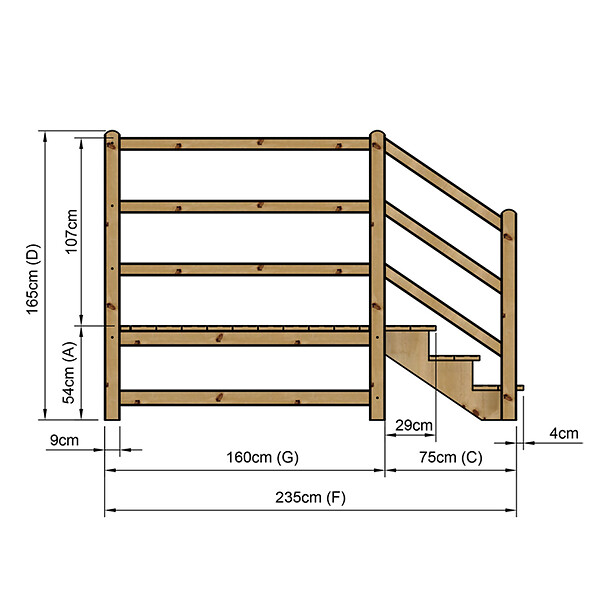 VINUOVO - MILANO - Escalier en bois 3 marches H54 cm - sans contre-marche - Palier L120 x P189 cm - Rambarde escalier gauche, palier gauche et en face - large