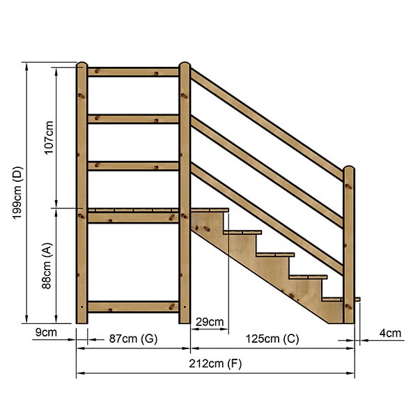 VINUOVO - MILANO - Escalier en bois 5 marches H88 cm - sans contre-marche - Palier L120 x P116 cm - Rambarde escalier et palier à gauche - large