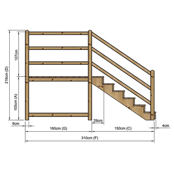 VINUOVO - MILANO - Escalier en bois 6 marches H105 cm - avec contre-marches - Palier L120 x P189 cm - Escalier rambardes des 2 côtés,Palier à droite et en face - large