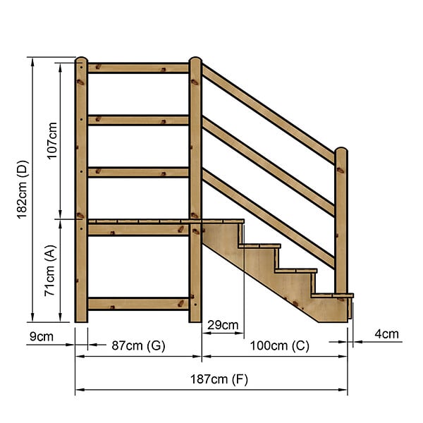 VINUOVO - MILANO - Escalier en bois 4 marches H71 cm - avec contre-marches - Palier L120 x P116 cm - Escalier rambarde droite, palier droite et face - large