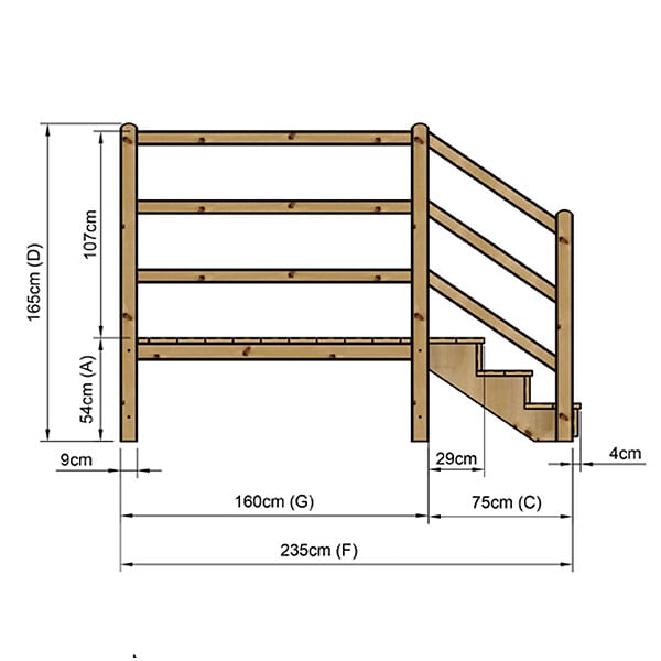 VINUOVO - MILANO - Escalier en bois 3 marches H54 cm - avec contre-marches - Palier L120 x P189 cm - Rambardes escalier et palier des 2 côtés - large
