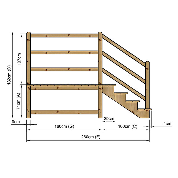 VINUOVO - MILANO - Escalier en bois 4 marches H71 cm - sans contre-marche - Palier L120 x P189 cm - Rambardes escalier et palier à droite - large