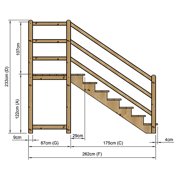 VINUOVO - MILANO - Escalier en bois 7 marches H122 cm - sans contre-marche - Palier L120 x P116 cm - Rambarde escalier 2 côtés, palier gauche et en face - large