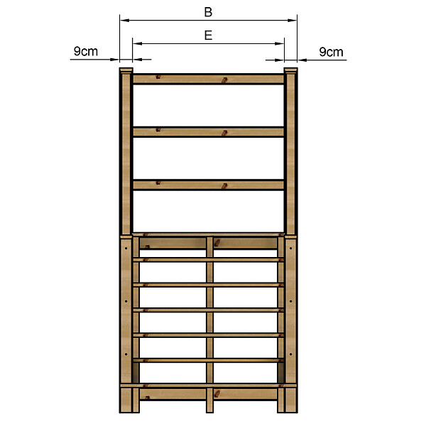 VINUOVO - MILANO - Escalier en bois 7 marches H122 cm - sans contre-marche - Palier L120 x P116 cm - Rambarde escalier 2 côtés, palier gauche et en face - large