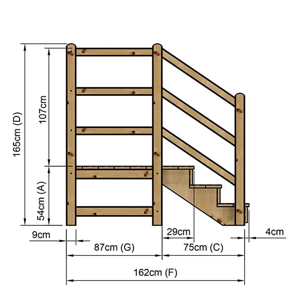 VINUOVO - MILANO - Escalier en bois 3 marches H54 cm - avec contre-marches - Palier L120 x P116 cm - Escalier rambardes des 2 côtés,Palier à droite et en face - large