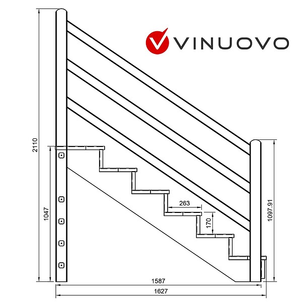VINUOVO - Escalier extérieur VENEZIA Rambarde à droite - 6 marches H105cm L-120cm sans contremarche - large