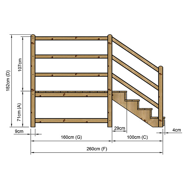 VINUOVO - MILANO - Escalier en bois 4 marches H71 cm - avec contre-marches - Palier L120 x P189 cm - Escalier rambardes des 2 côtés,Palier à droite et en face - large
