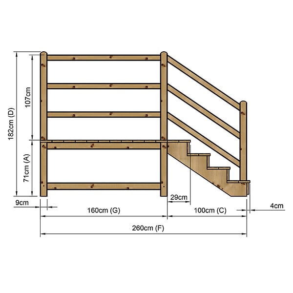 VINUOVO - MILANO - Escalier en bois 4 marches H71 cm - avec contre-marches - Palier L120 x P189 cm - Rambardes escalier et palier à droite - large