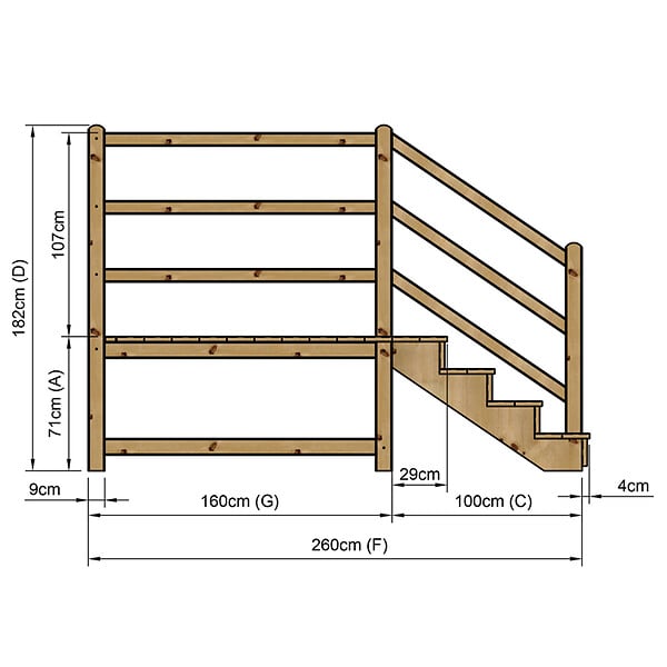 VINUOVO - MILANO - Escalier en bois 4 marches H71 cm - avec contre-marches - Palier L120 x P189 cm - Escalier rambarde droite, palier droite et face - large