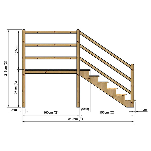 VINUOVO - MILANO - Escalier en bois 6 marches H105 cm - sans contre-marche - Palier L120 x P189 cm - Rambardes escalier et palier des 2 côtés - large