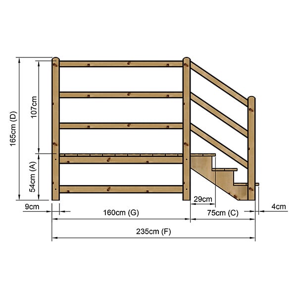 VINUOVO - MILANO - Escalier en bois 3 marches H54 cm - sans contre-marche - Palier L120 x P189 cm - Rambarde escalier et palier à gauche - large