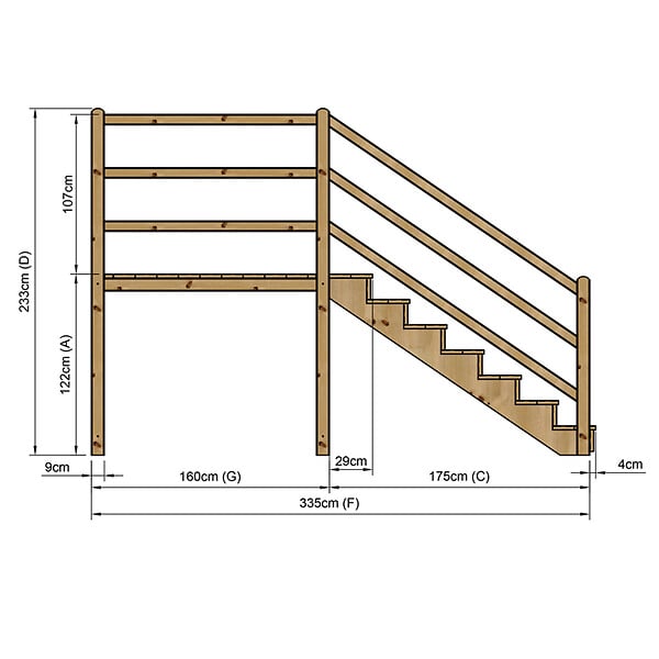VINUOVO - MILANO - Escalier en bois 7 marches H122 cm - avec contre-marches - Palier L120 x P189 cm - Rambardes escalier et palier des 2 côtés - large