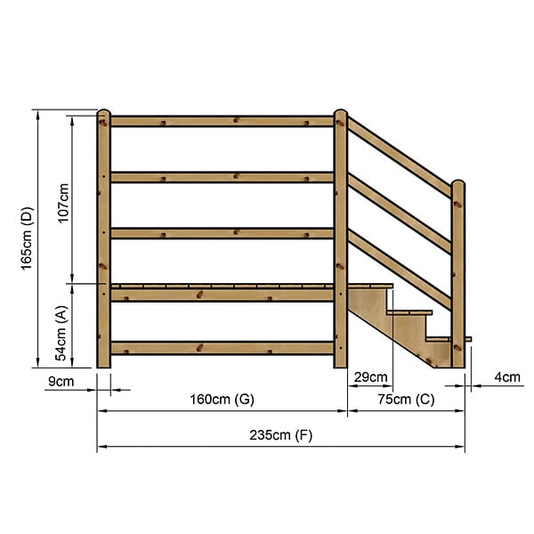 VINUOVO - MILANO - Escalier en bois 3 marches H54 cm - sans contre-marche - Palier L120 x P189 cm - Rambarde escalier 2 côtés, palier gauche et en face - large